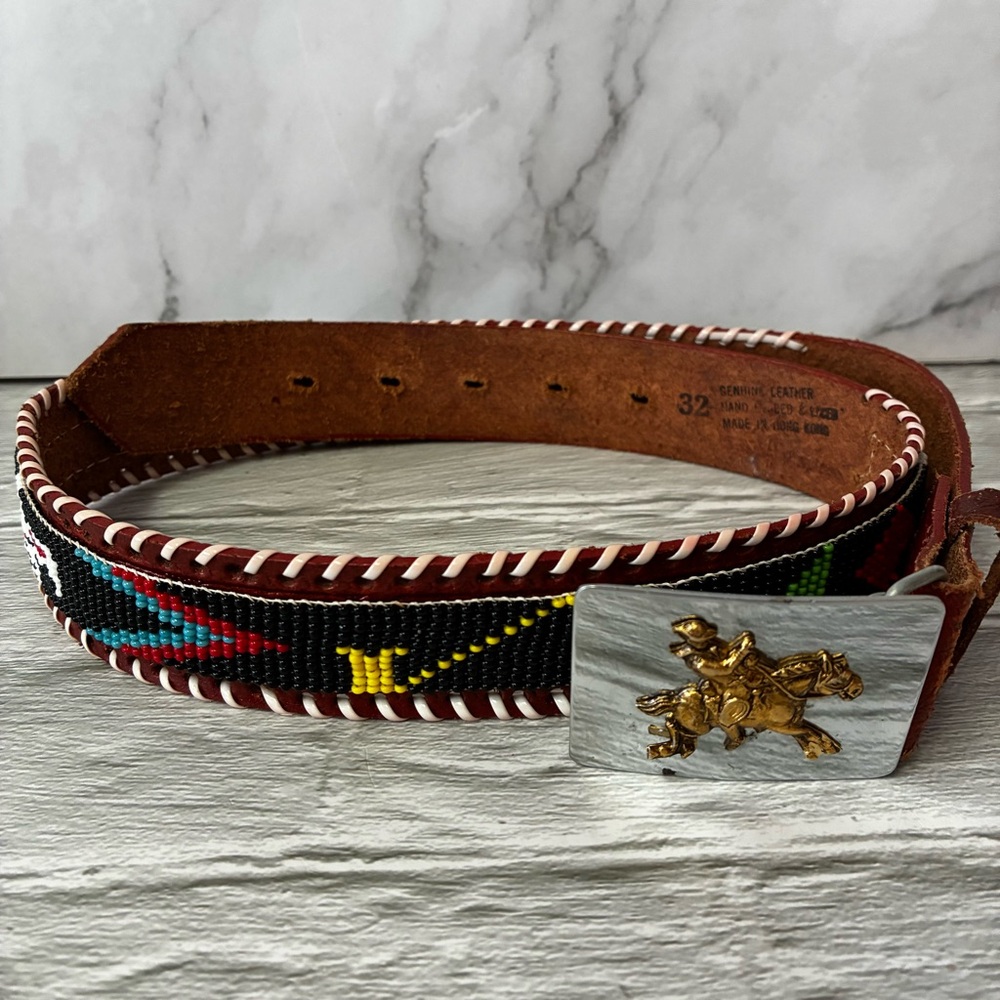 Vintage Embossed Brown Leather Beaded Belt Cowboy Belt Buckle Unisex Size 32